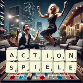 Kreative Illustration für ein Scrabble-Spiel, bei dem das Wort ACTIONSPIELE mit Steinen auf dem Brett gelegt wurde.