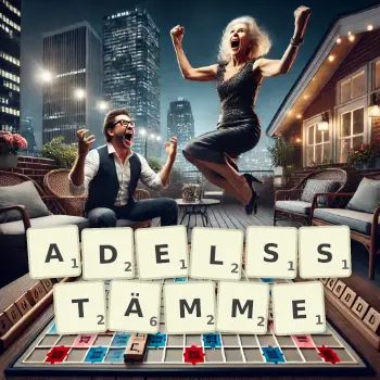 Kreative Illustration für ein Scrabble-Spiel, bei dem das Wort ADELSSTÄMME mit Steinen auf dem Brett gelegt wurde.