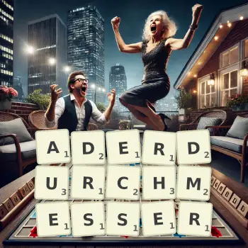 Kreative Illustration für ein Scrabble-Spiel, bei dem das Wort ADERDURCHMESSER mit Steinen auf dem Brett gelegt wurde.