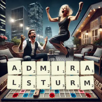 Kreative Illustration für ein Scrabble-Spiel, bei dem das Wort ADMIRALSTURM mit Steinen auf dem Brett gelegt wurde.