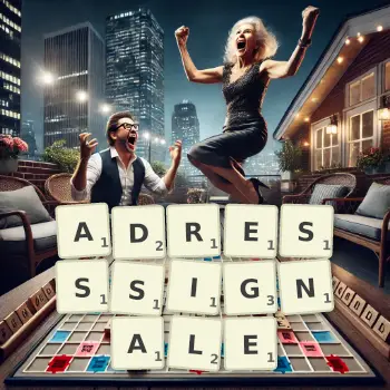 Kreative Illustration für ein Scrabble-Spiel, bei dem das Wort ADRESSSIGNALE mit Steinen auf dem Brett gelegt wurde.