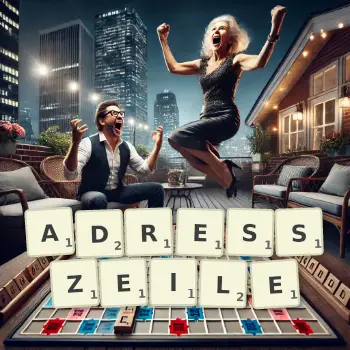 Kreative Illustration für ein Scrabble-Spiel, bei dem das Wort ADRESSZEILE mit Steinen auf dem Brett gelegt wurde.