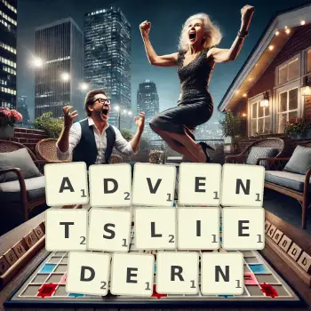 Kreative Illustration für ein Scrabble-Spiel, bei dem das Wort ADVENTSLIEDERN mit Steinen auf dem Brett gelegt wurde.