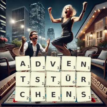Kreative Illustration für ein Scrabble-Spiel, bei dem das Wort ADVENTSTÜRCHENS mit Steinen auf dem Brett gelegt wurde.