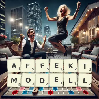 Kreative Illustration für ein Scrabble-Spiel, bei dem das Wort AFFEKTMODELL mit Steinen auf dem Brett gelegt wurde.