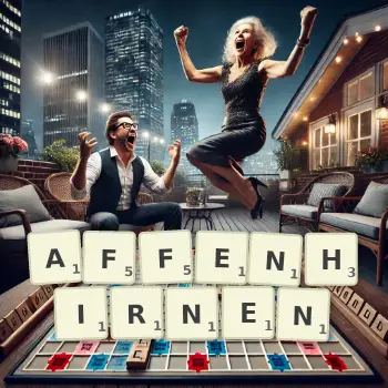 Kreative Illustration für ein Scrabble-Spiel, bei dem das Wort AFFENHIRNEN mit Steinen auf dem Brett gelegt wurde.