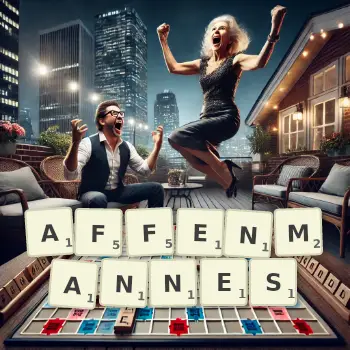 Kreative Illustration für ein Scrabble-Spiel, bei dem das Wort AFFENMANNES mit Steinen auf dem Brett gelegt wurde.