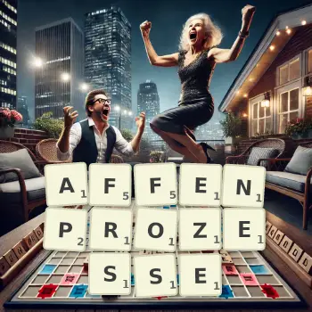 Kreative Illustration für ein Scrabble-Spiel, bei dem das Wort AFFENPROZESSE mit Steinen auf dem Brett gelegt wurde.