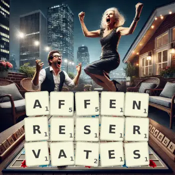 Kreative Illustration für ein Scrabble-Spiel, bei dem das Wort AFFENRESERVATES mit Steinen auf dem Brett gelegt wurde.