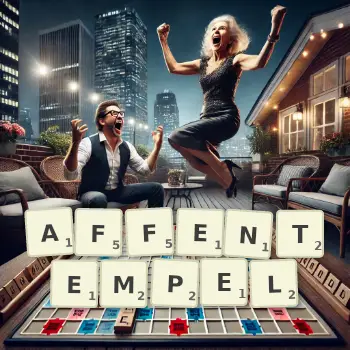 Kreative Illustration für ein Scrabble-Spiel, bei dem das Wort AFFENTEMPEL mit Steinen auf dem Brett gelegt wurde.