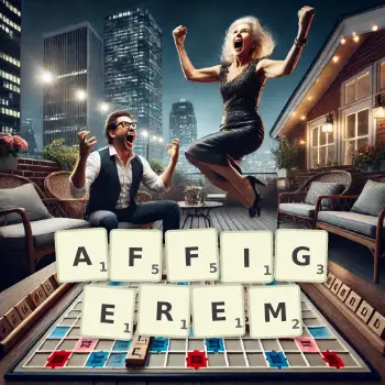 Kreative Illustration für ein Scrabble-Spiel, bei dem das Wort AFFIGEREM mit Steinen auf dem Brett gelegt wurde.