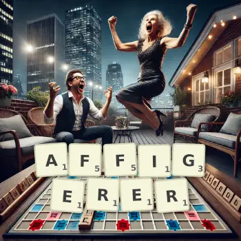 Kreative Illustration für ein Scrabble-Spiel, bei dem das Wort AFFIGERER mit Steinen auf dem Brett gelegt wurde.