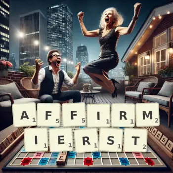 Kreative Illustration für ein Scrabble-Spiel, bei dem das Wort AFFIRMIERST mit Steinen auf dem Brett gelegt wurde.