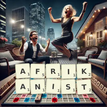 Kreative Illustration für ein Scrabble-Spiel, bei dem das Wort AFRIKANIST mit Steinen auf dem Brett gelegt wurde.