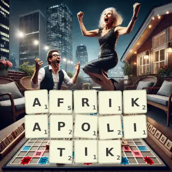 Kreative Illustration für ein Scrabble-Spiel, bei dem das Wort AFRIKAPOLITIK mit Steinen auf dem Brett gelegt wurde.