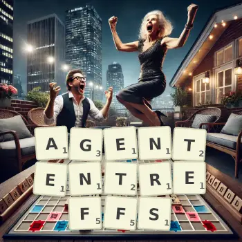 Kreative Illustration für ein Scrabble-Spiel, bei dem das Wort AGENTENTREFFS mit Steinen auf dem Brett gelegt wurde.