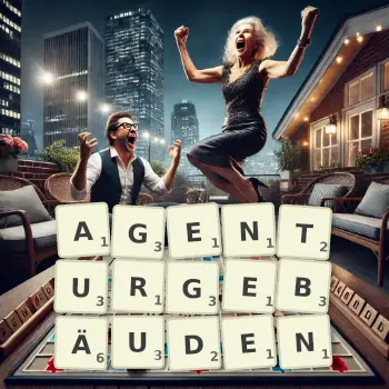 Kreative Illustration für ein Scrabble-Spiel, bei dem das Wort AGENTURGEBÄUDEN mit Steinen auf dem Brett gelegt wurde.