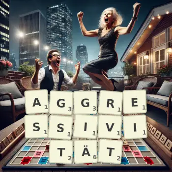 Kreative Illustration für ein Scrabble-Spiel, bei dem das Wort AGGRESSIVITÄT mit Steinen auf dem Brett gelegt wurde.