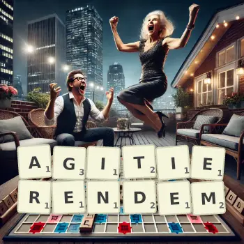 Kreative Illustration für ein Scrabble-Spiel, bei dem das Wort AGITIERENDEM mit Steinen auf dem Brett gelegt wurde.