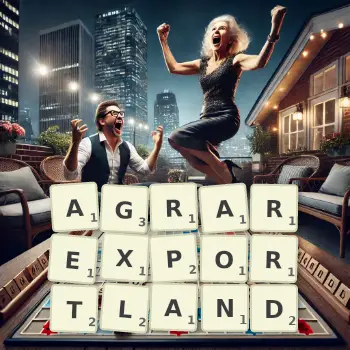 Kreative Illustration für ein Scrabble-Spiel, bei dem das Wort AGRAREXPORTLAND mit Steinen auf dem Brett gelegt wurde.