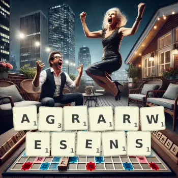 Kreative Illustration für ein Scrabble-Spiel, bei dem das Wort AGRARWESENS mit Steinen auf dem Brett gelegt wurde.