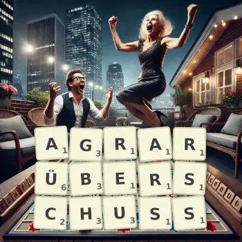 Kreative Illustration für ein Scrabble-Spiel, bei dem das Wort AGRARÜBERSCHUSS mit Steinen auf dem Brett gelegt wurde.