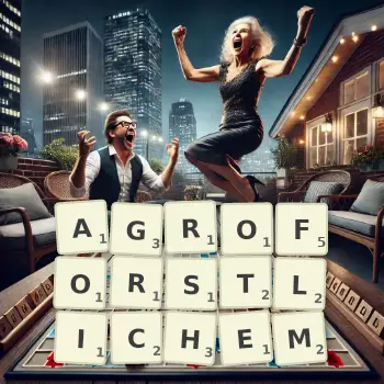 Kreative Illustration für ein Scrabble-Spiel, bei dem das Wort AGROFORSTLICHEM mit Steinen auf dem Brett gelegt wurde.