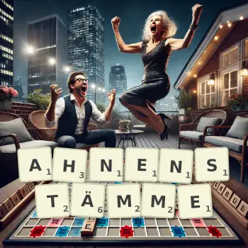 Kreative Illustration für ein Scrabble-Spiel, bei dem das Wort AHNENSTÄMME mit Steinen auf dem Brett gelegt wurde.
