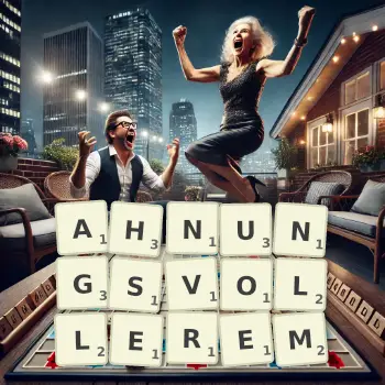 Kreative Illustration für ein Scrabble-Spiel, bei dem das Wort AHNUNGSVOLLEREM mit Steinen auf dem Brett gelegt wurde.