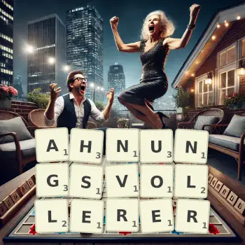 Kreative Illustration für ein Scrabble-Spiel, bei dem das Wort AHNUNGSVOLLERER mit Steinen auf dem Brett gelegt wurde.
