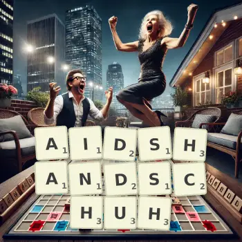Kreative Illustration für ein Scrabble-Spiel, bei dem das Wort AIDSHANDSCHUH mit Steinen auf dem Brett gelegt wurde.