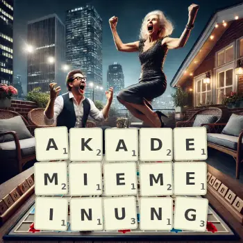 Kreative Illustration für ein Scrabble-Spiel, bei dem das Wort AKADEMIEMEINUNG mit Steinen auf dem Brett gelegt wurde.