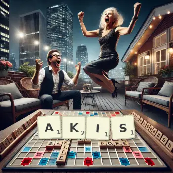 Kreative Illustration für ein Scrabble-Spiel, bei dem das Wort AKIS mit Steinen auf dem Brett gelegt wurde.