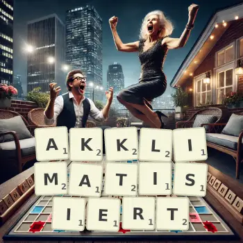 Kreative Illustration für ein Scrabble-Spiel, bei dem das Wort AKKLIMATISIERT mit Steinen auf dem Brett gelegt wurde.
