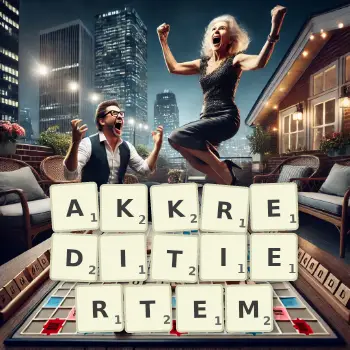 Kreative Illustration für ein Scrabble-Spiel, bei dem das Wort AKKREDITIERTEM mit Steinen auf dem Brett gelegt wurde.