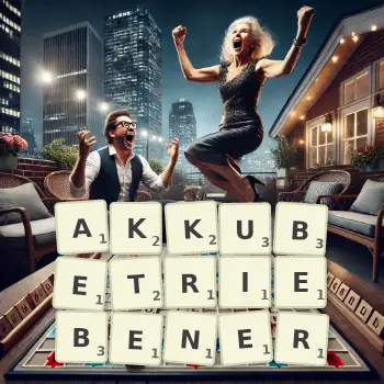 Kreative Illustration für ein Scrabble-Spiel, bei dem das Wort AKKUBETRIEBENER mit Steinen auf dem Brett gelegt wurde.