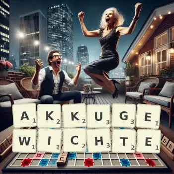 Kreative Illustration für ein Scrabble-Spiel, bei dem das Wort AKKUGEWICHTE mit Steinen auf dem Brett gelegt wurde.