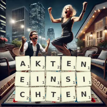 Kreative Illustration für ein Scrabble-Spiel, bei dem das Wort AKTENEINSICHTEN mit Steinen auf dem Brett gelegt wurde.
