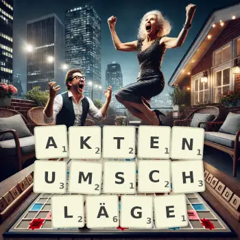 Kreative Illustration für ein Scrabble-Spiel, bei dem das Wort AKTENUMSCHLÄGE mit Steinen auf dem Brett gelegt wurde.