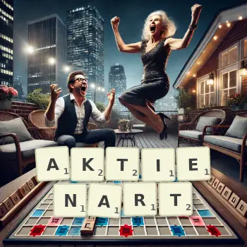 Kreative Illustration für ein Scrabble-Spiel, bei dem das Wort AKTIENART mit Steinen auf dem Brett gelegt wurde.