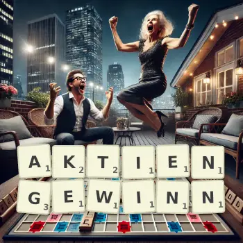Kreative Illustration für ein Scrabble-Spiel, bei dem das Wort AKTIENGEWINN mit Steinen auf dem Brett gelegt wurde.