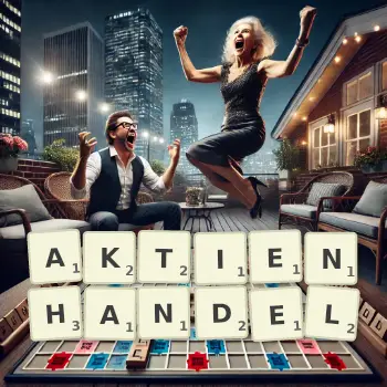 Kreative Illustration für ein Scrabble-Spiel, bei dem das Wort AKTIENHANDEL mit Steinen auf dem Brett gelegt wurde.