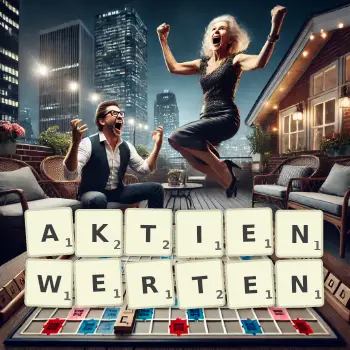 Kreative Illustration für ein Scrabble-Spiel, bei dem das Wort AKTIENWERTEN mit Steinen auf dem Brett gelegt wurde.