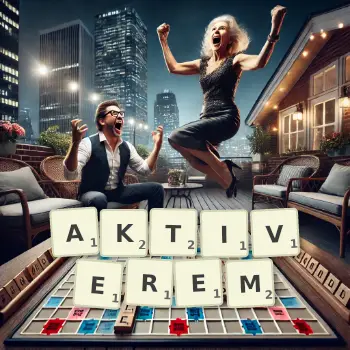 Kreative Illustration für ein Scrabble-Spiel, bei dem das Wort AKTIVEREM mit Steinen auf dem Brett gelegt wurde.