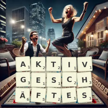 Kreative Illustration für ein Scrabble-Spiel, bei dem das Wort AKTIVGESCHÄFTES mit Steinen auf dem Brett gelegt wurde.