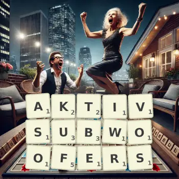 Kreative Illustration für ein Scrabble-Spiel, bei dem das Wort AKTIVSUBWOOFERS mit Steinen auf dem Brett gelegt wurde.