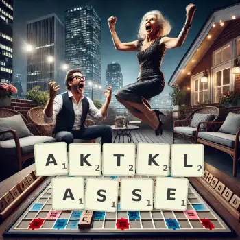 Kreative Illustration für ein Scrabble-Spiel, bei dem das Wort AKTKLASSE mit Steinen auf dem Brett gelegt wurde.