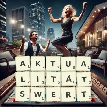 Kreative Illustration für ein Scrabble-Spiel, bei dem das Wort AKTUALITÄTSWERT mit Steinen auf dem Brett gelegt wurde.