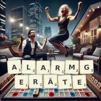 Kreative Illustration für ein Scrabble-Spiel, bei dem das Wort ALARMGERÄTE mit Steinen auf dem Brett gelegt wurde.