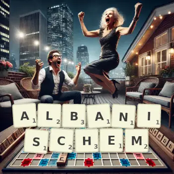 Kreative Illustration für ein Scrabble-Spiel, bei dem das Wort ALBANISCHEM mit Steinen auf dem Brett gelegt wurde.